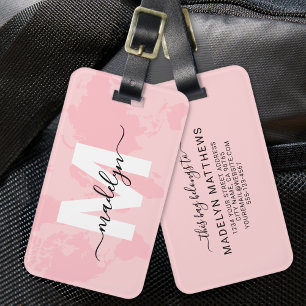 Pink World Map Monogram Luggage Tag
