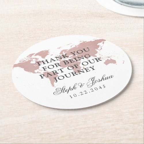 Pink World Map Thank You Wedding Favor Round Paper Coaster