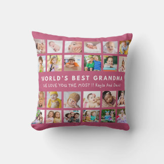 Pink World’s Best Grandma Grandkids 24 Photo  Throw Pillow