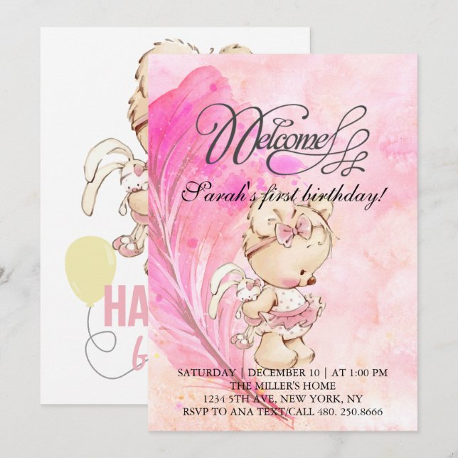 Pink world with magic feather, birthday for girls invitation (Front/Back)
