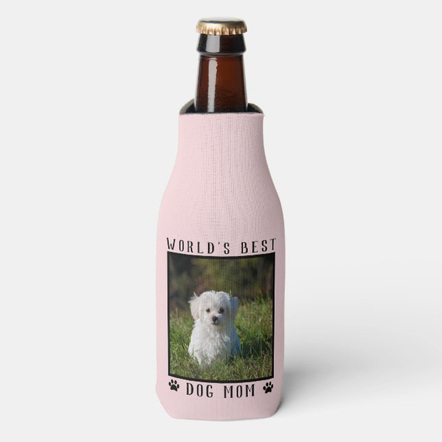 Pink World's Best Dog Mom Paw Prints Pet Photo Bottle Cooler (Bottle Front)