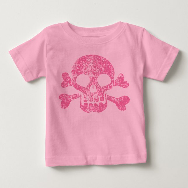 Pink Worn Skull and Crossbones Baby T-Shirt (Front)