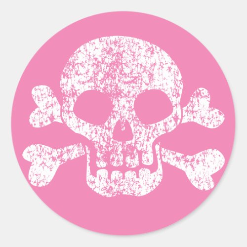 Pink Worn Skull and Crossbones Classic Round Sticker