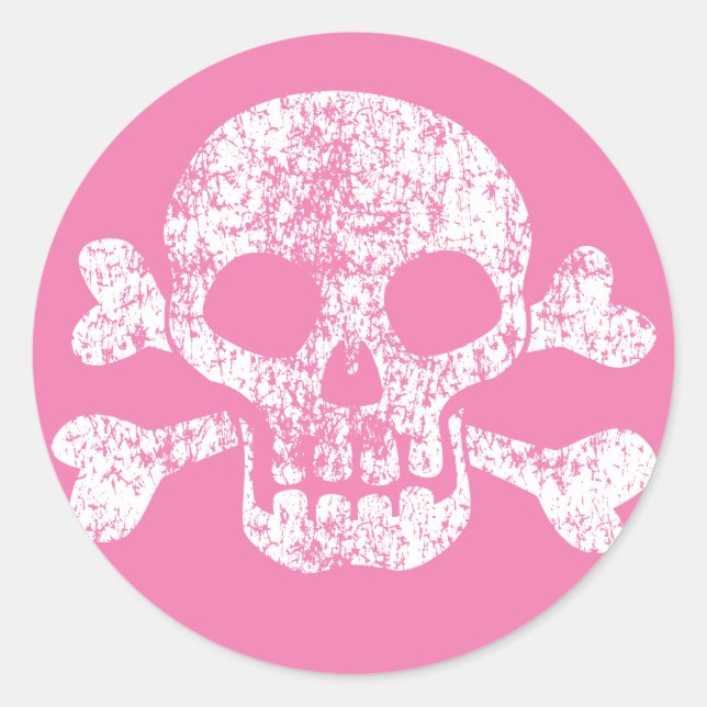 Pink Worn Skull and Crossbones Classic Round Sticker (Front)