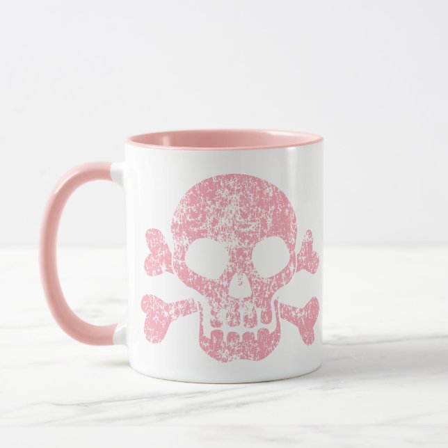 Pink Worn Skull and Crossbones Mug (Left)