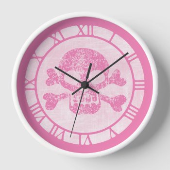 Pink Worn Skull And Crossbones Round Clock by opheliasart at Zazzle