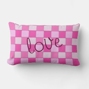 Pink Woven Checkered Pattern with Love Lumbar Pillow