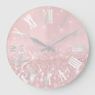 Pink Wow Gray Silver Glitter Metal Roman Numers Large Clock