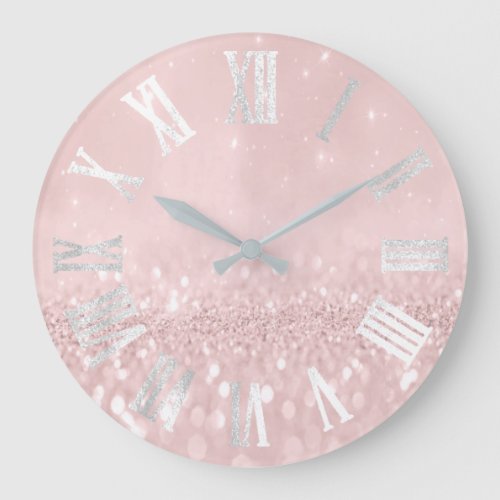Pink Wow Gray Silver Glitter Metal Roman Numers Large Clock