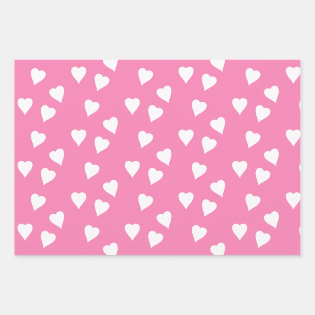 Pink Wrapping With White Hearts Wrapping Paper Sheets (Front)