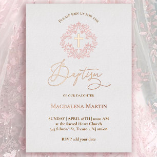 pink wreath Baptism  Foil Invitation