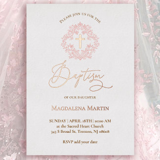 pink wreath Baptism Foil Invitation