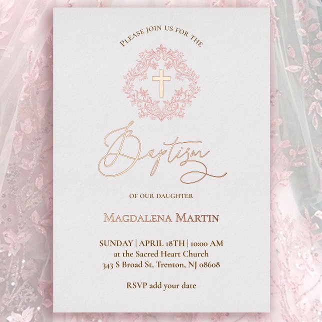 pink wreath Baptism  Foil Invitation (Creator Uploaded)