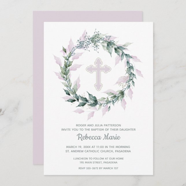 Pink Wreath Baptism Invitations (Front/Back)