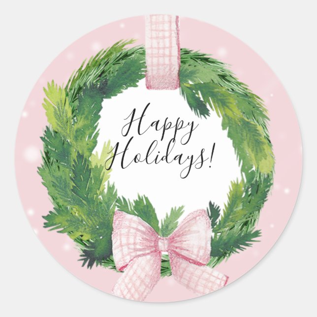 Pink Wreath Christmas Holiday Gift Label Sticker (Front)