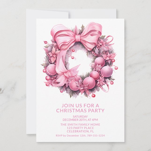 Pink Wreath Christmas Party Invitation (Front)