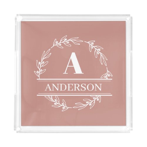 Pink Wreath Family Name Monogram   Acrylic Tray