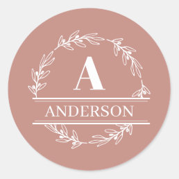 Pink Wreath Family Name Monogram  Classic Round Sticker