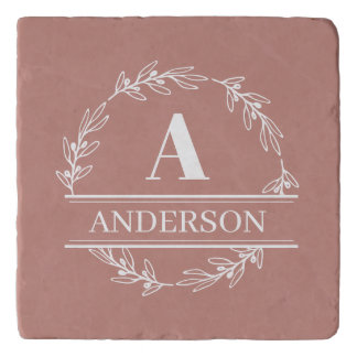 Pink Wreath Family Name Monogram Trivet