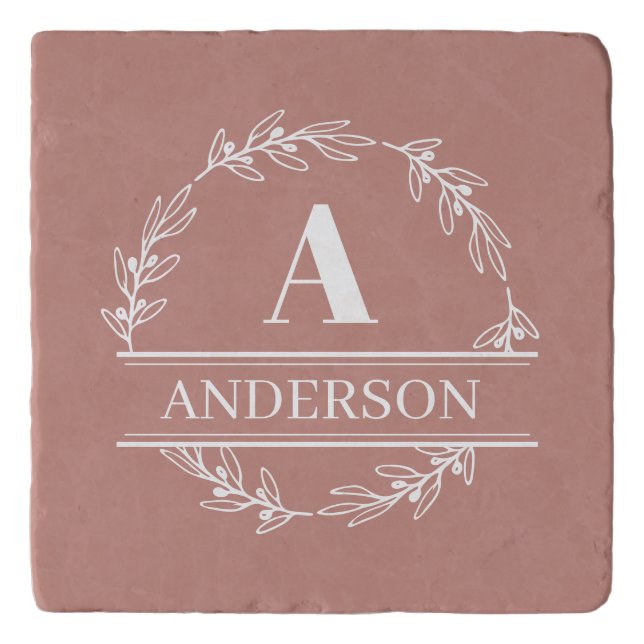 Pink Wreath Family Name Monogram Trivet (Front)