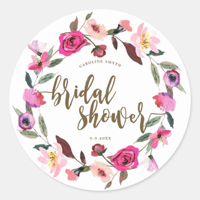 pink wreath floral bridal shower favors sticker (Front)