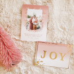 Pink Wreath Joyful Christmas Custom Photo Foil Holiday Card<br><div class="desc">This holiday card features a modern gold foil design. This card reads “joy” on a ombré pink background with foil leaf graphics. The back includes a beautiful wreath border and your own personal photo and message can be added.</div>