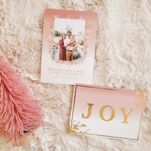 Pink Wreath Joyful Christmas Custom Photo Foil Holiday Card