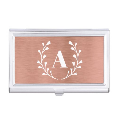 Pink Wreath Monogram Any Initial Brushed Metal Business Card Case