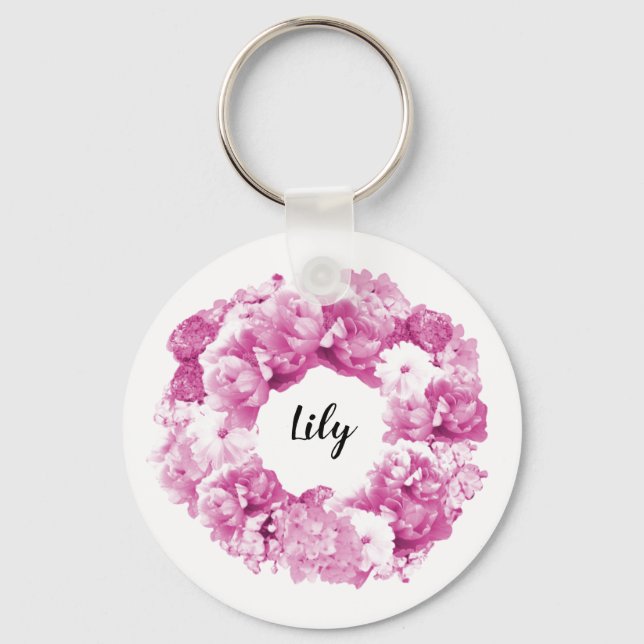 Pink Wreath Personalized Bridesmaid Keychain (Front)