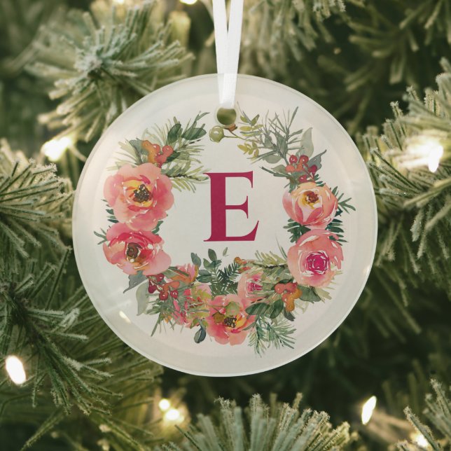 Pink Wreath Red Monogram Botanical Christmas Glass Ornament (Insitu)