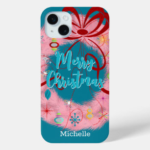 Pink Wreath Retro Christmas iPhone 15 Plus Case