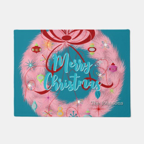 Pink Wreath Retro Christmas Doormat