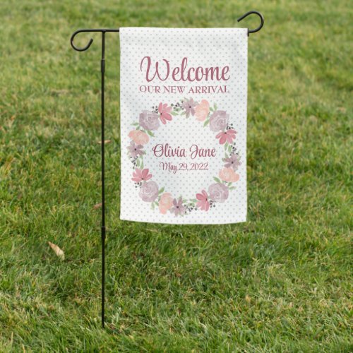 Pink Wreath Welcome New Arrival Birth Announcement Garden Flag