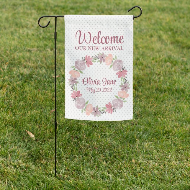 Pink Wreath Welcome New Arrival Birth Announcement Garden Flag (In SItu)