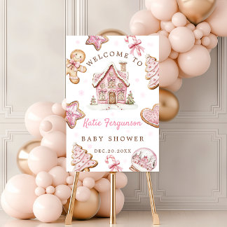 Pink Xmas Gingerbread Baby Shower Welcome Sign