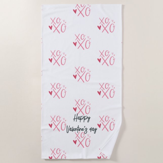 Pink "XOXO"Hearts Happy Valentine's Day  Beach Towel (Front)