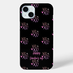 Pink "XOXO"Hearts Happy Valentine's Day Black iPhone 15 Plus Case