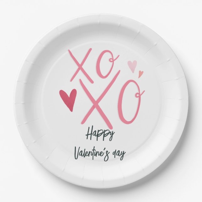 Pink "XOXO"Hearts Happy Valentine's Day  Paper Plates (Front)