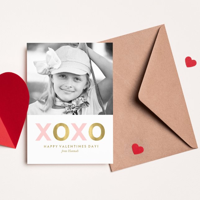 Pink XOXO Kids Classroom Photo Valentines Note Card (Creator Uploaded)