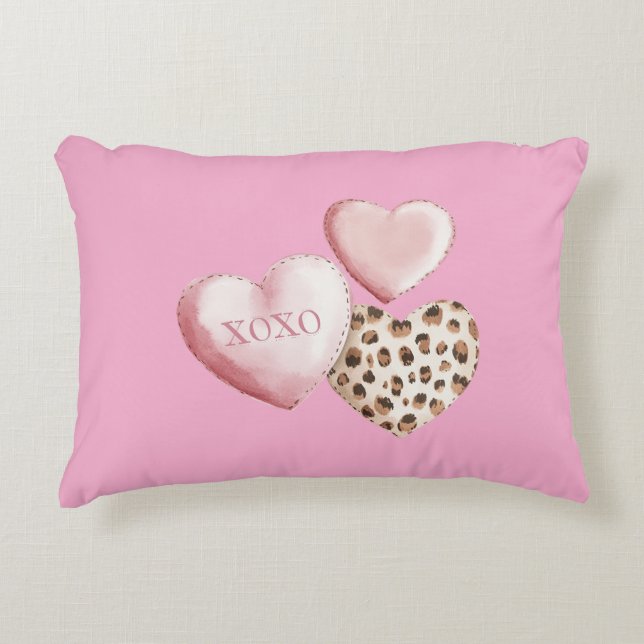 Pink XOXO Leopard Print Hearts Accent Pillow (Front)