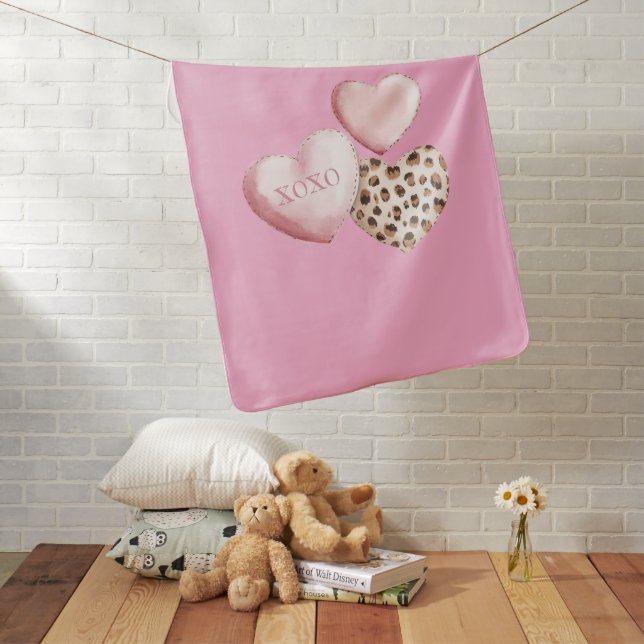 Pink XOXO Leopard Print Hearts Baby Blanket (In Situ)