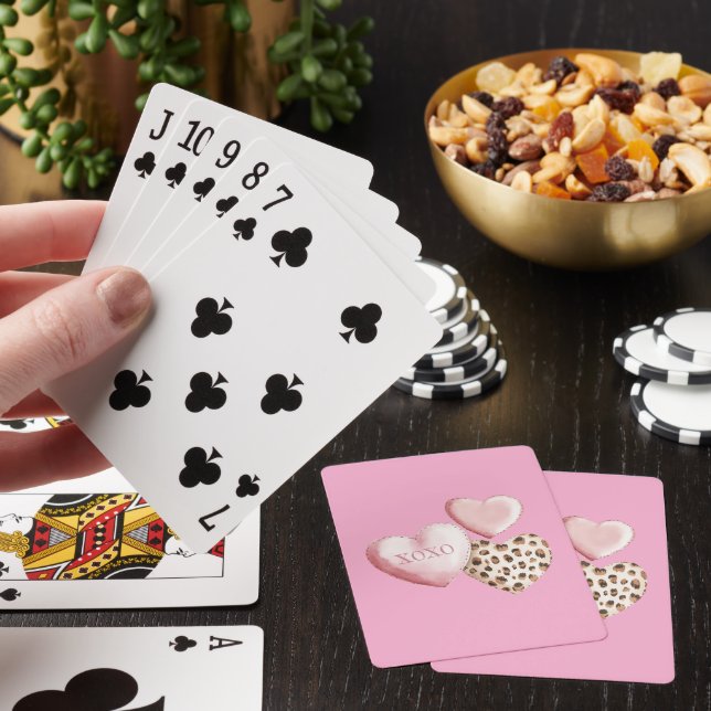 Pink XOXO Leopard Print Hearts Poker Cards (In Situ)
