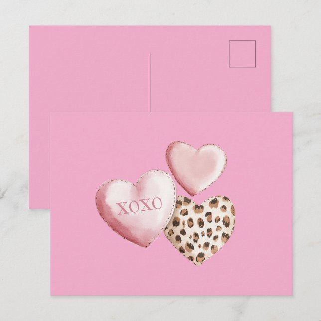 Pink XOXO Leopard Print Hearts Postcard (Front/Back)