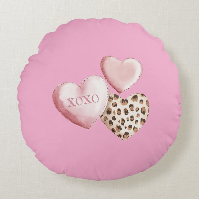 Pink XOXO Leopard Print Hearts Round Pillow (Front)