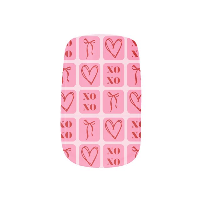 Pink xoxo ribbon bow & heart Minx Nail Art Decals (Left Thumb)