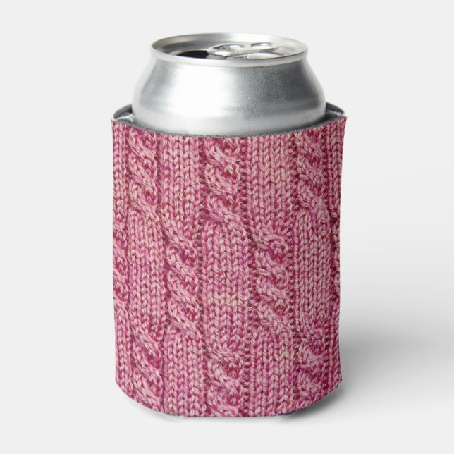 Pink Yarn Cabled Knit Can Cooler (Can Front)
