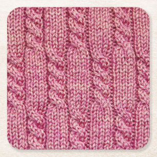Pink Yarn Cabled Knit Square Paper Coaster