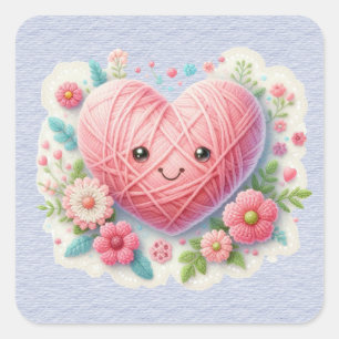 Pink Yarn Face Valentine Heart Square Sticker
