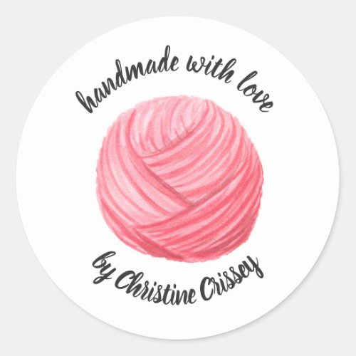 Pink Yarn Made with Love Personalized Watercolor Classic Round Sticker