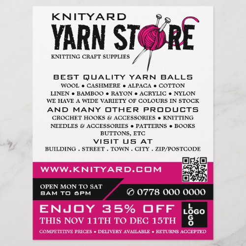 Pink Yarn Store Logo Knitting Store Yarn Store Flyer